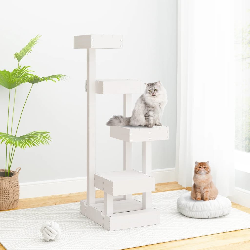 Cat Tree White 45.5x49x103 cm Solid Wood Pine - Merlin Deals