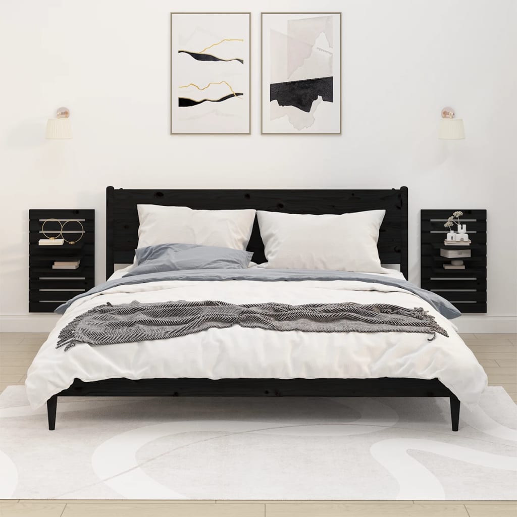 Wall-mounted Bedside Shelves 2 pcs Black Solid Wood Pine - Decor Base