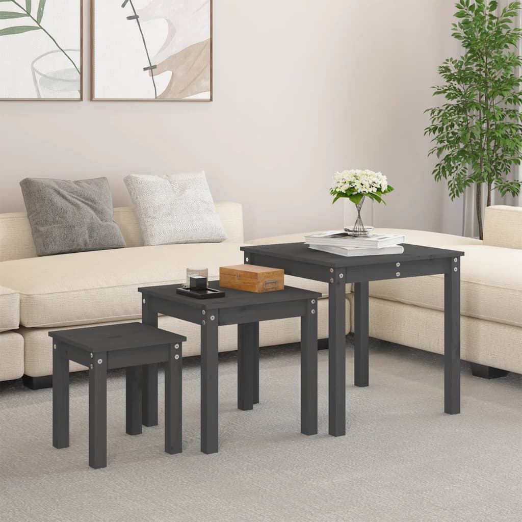 Nesting Tables 3 pcs Grey Solid Wood Pine - Sid & Sam
