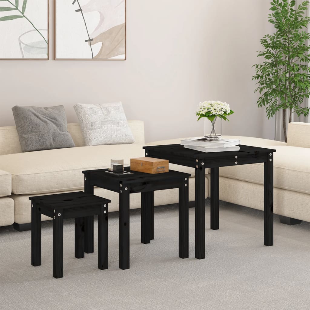 Nesting Tables 3 pcs Black Solid Wood Pine - Sid & Sam
