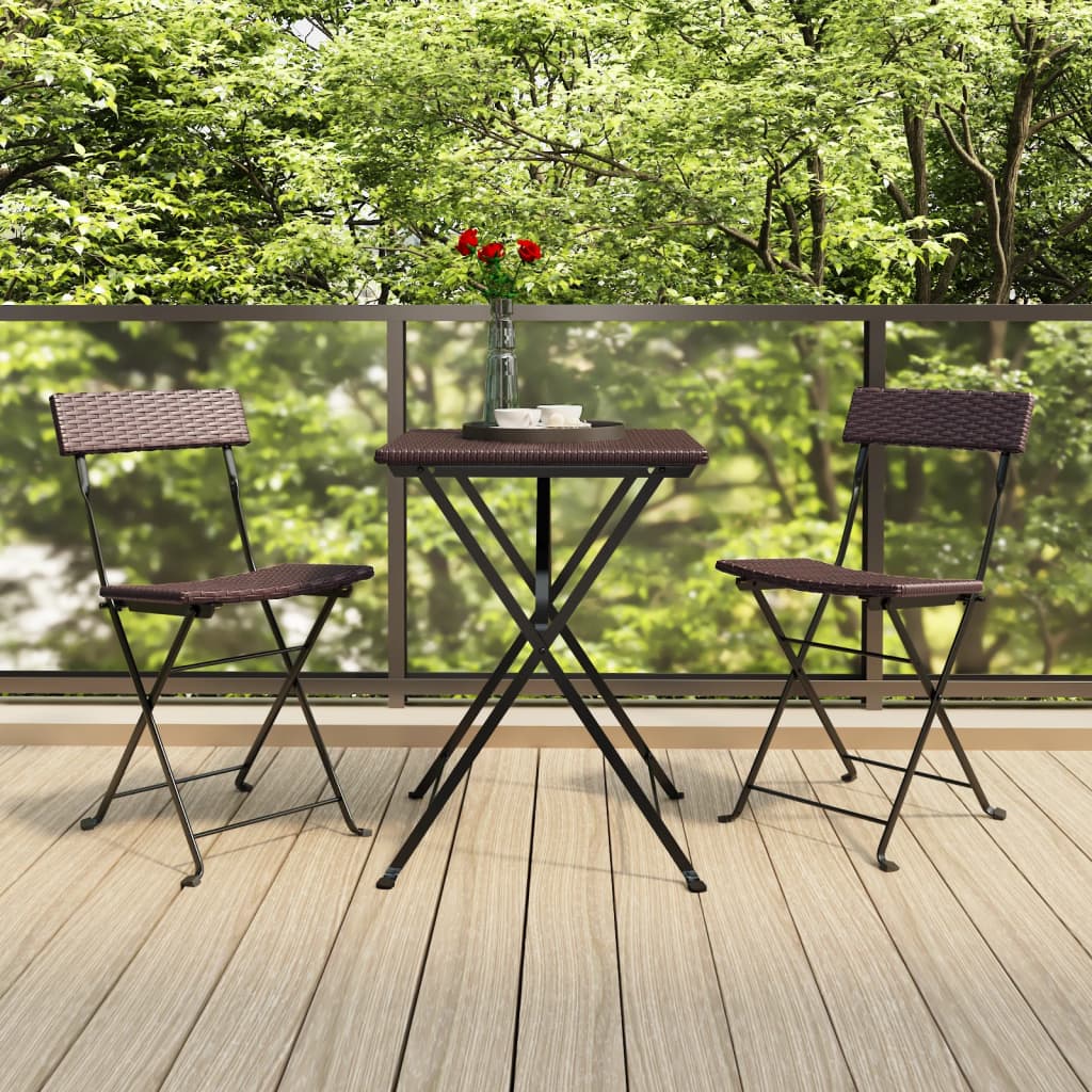 3 Piece Folding Bistro Set Brown Poly Rattan - The Home Maker