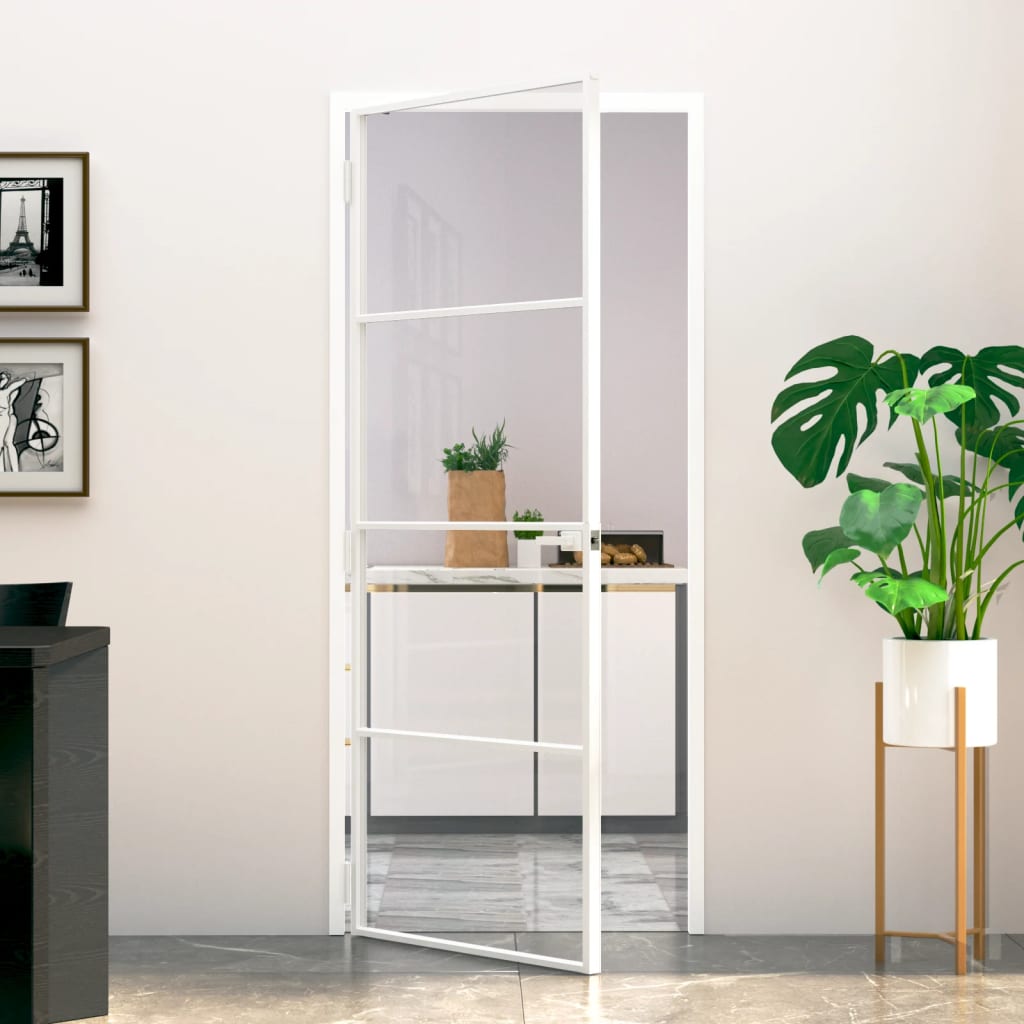 Interior Door White 83x201.5 cm Tempered Glass&Aluminium Slim - Merkel Designers