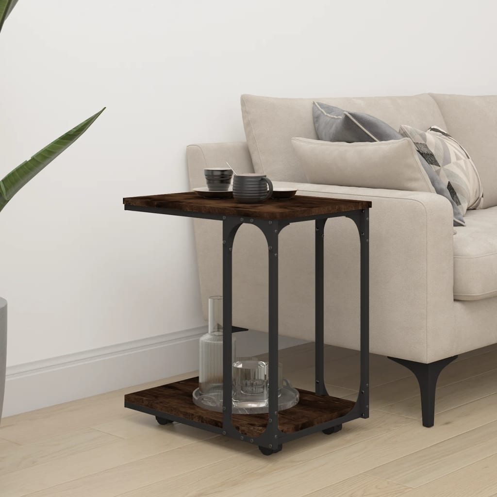 Side Table with Wheels Smoked Oak 50x35x55.5cm Engineered Wood - R and M Furniture