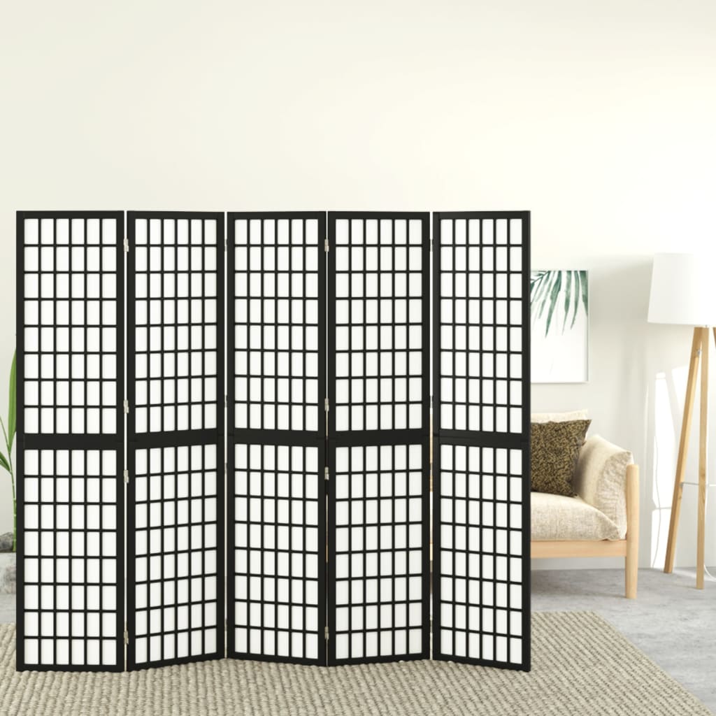 Folding 5-Panel Room Divider Japanese Style 200x170 cm Black - R and M Furniture