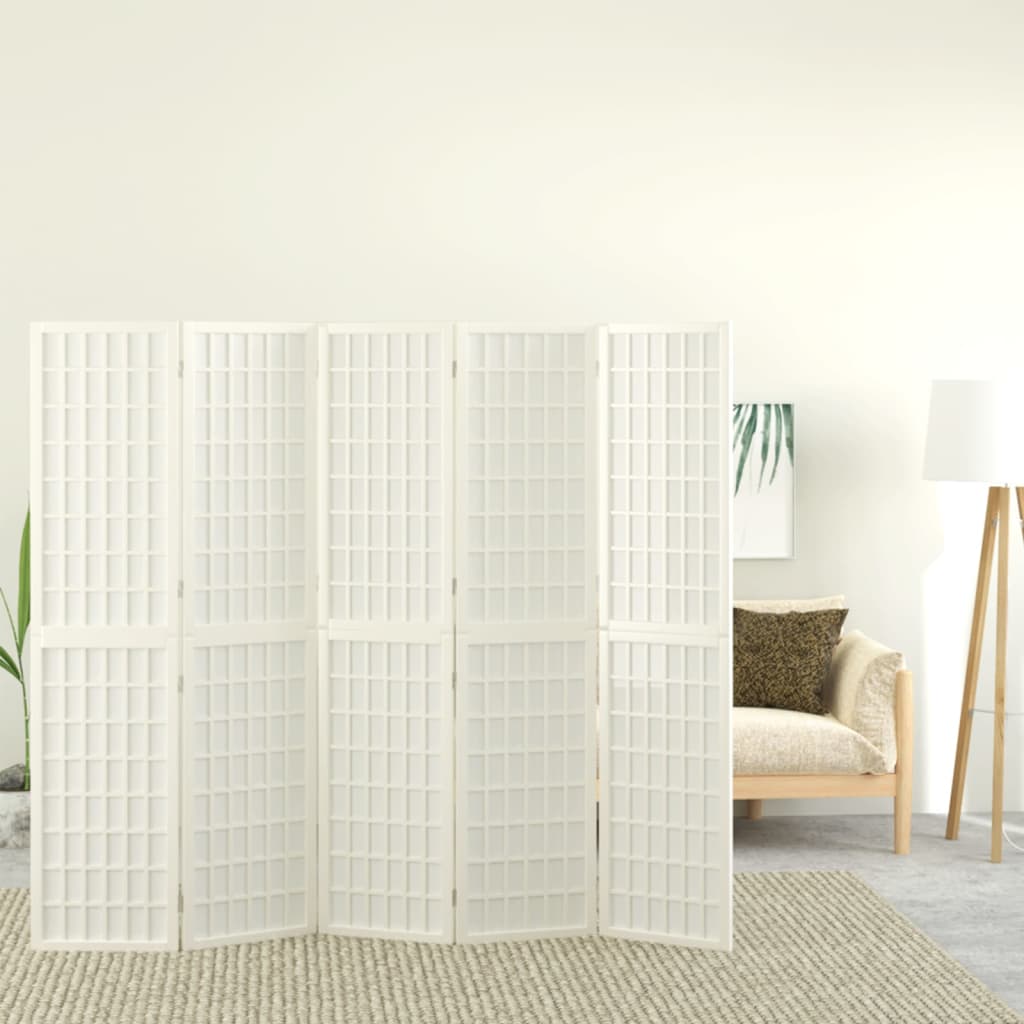 Folding 5-Panel Room Divider Japanese Style 200x170 cm White - R and M Furniture