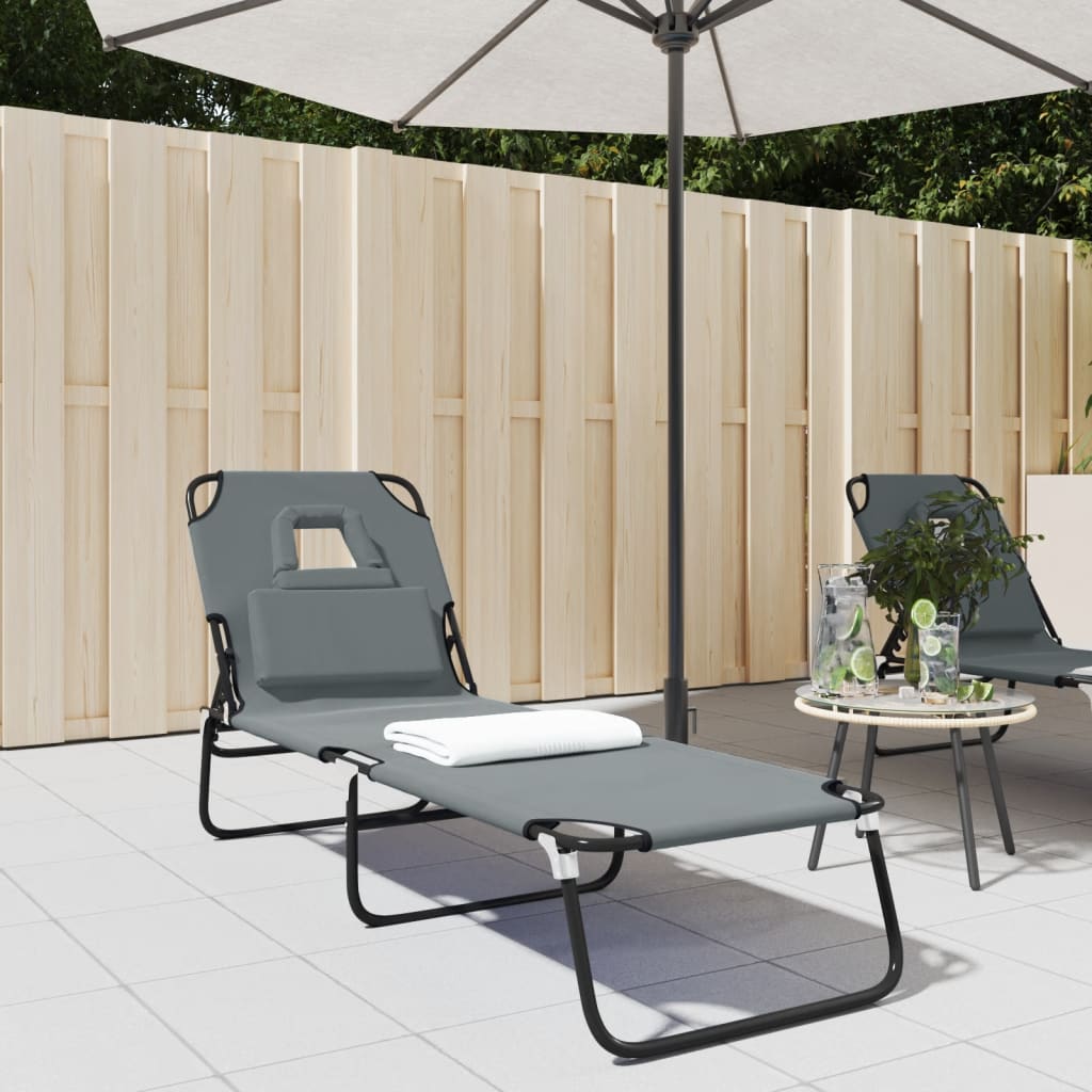 Folding Sun Lounger Grey Oxford Fabric&Powder-coated Steel - Merkel Designers