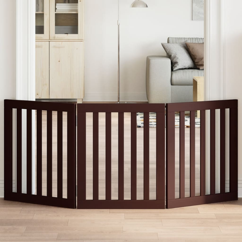 Dog Gate Foldable 3 Panels Brown 150 cm Poplar Wood - vid-352260 - Discount Dealers