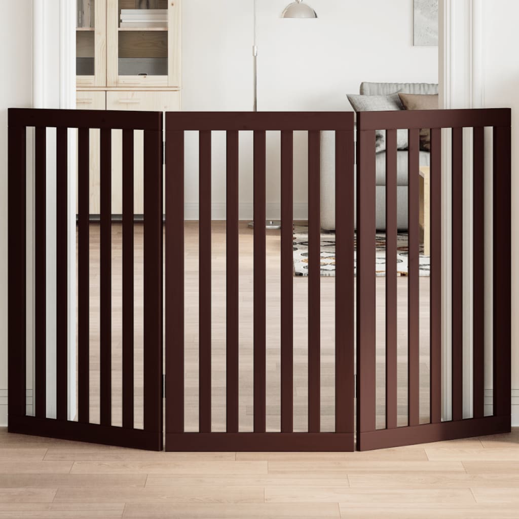 Dog Gate Foldable 3 Panels Brown 150 cm Poplar Wood - vid-352262 - Direct Imports