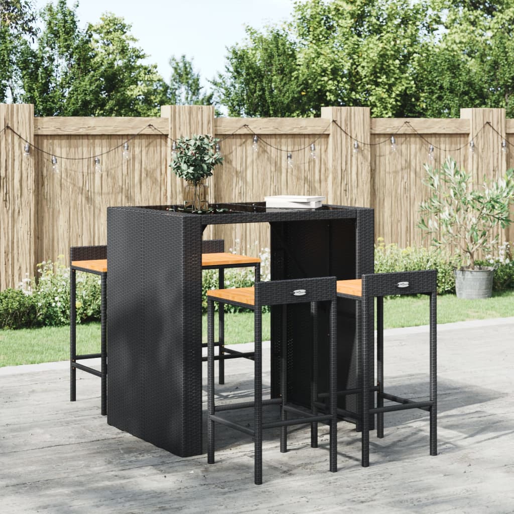 Bar Stools 4 pcs Black Poly Rattan and Solid Wood Acacia - The Home Maker