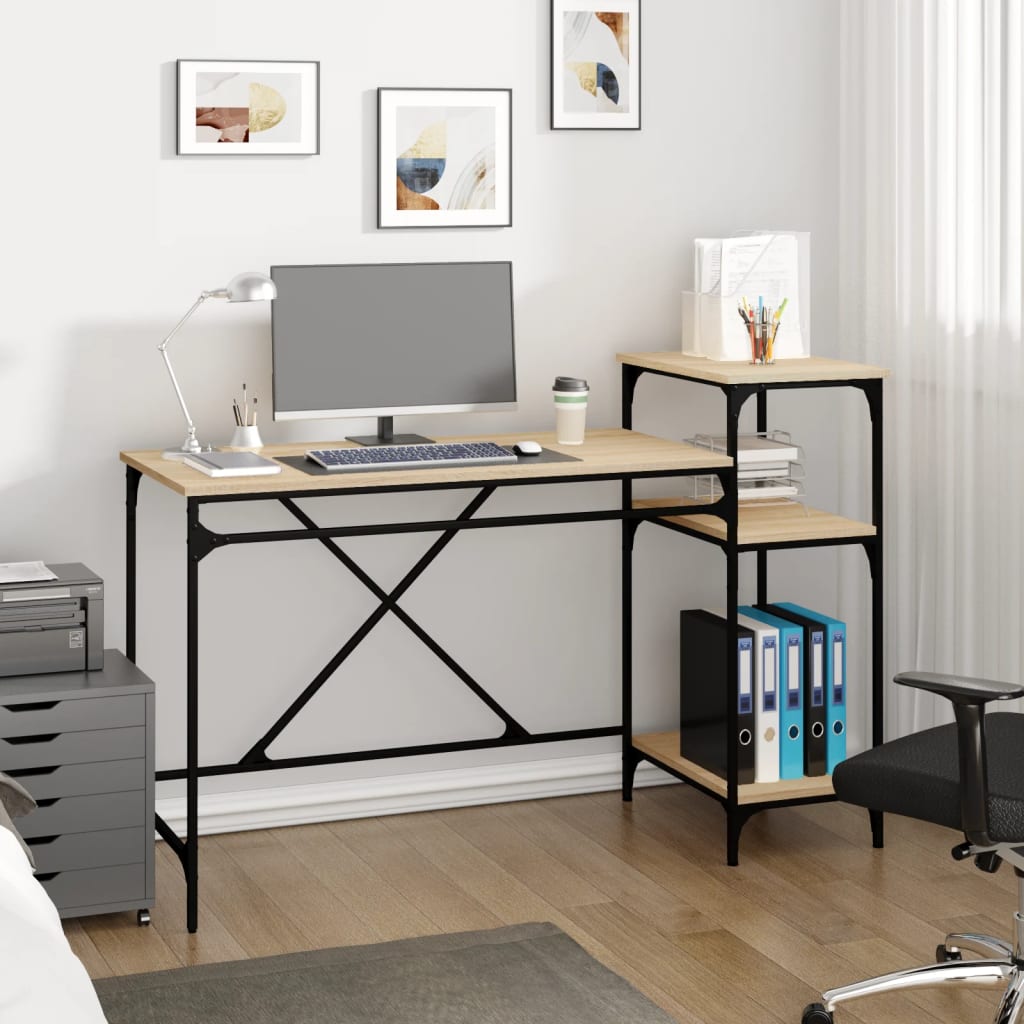Desk with Shelves Sonoma Oak 135x50x90cm Engineered Wood and Iron - Casper Homes