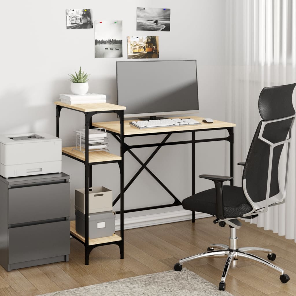 Desk with Shelves Sonoma Oak 105x50x90cm Engineered Wood and Iron - Tyrell & Tyrell