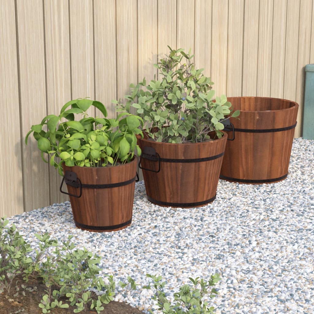 3 Piece Wooden Bucket Planter Set Solid Wood Fir - Decor Base