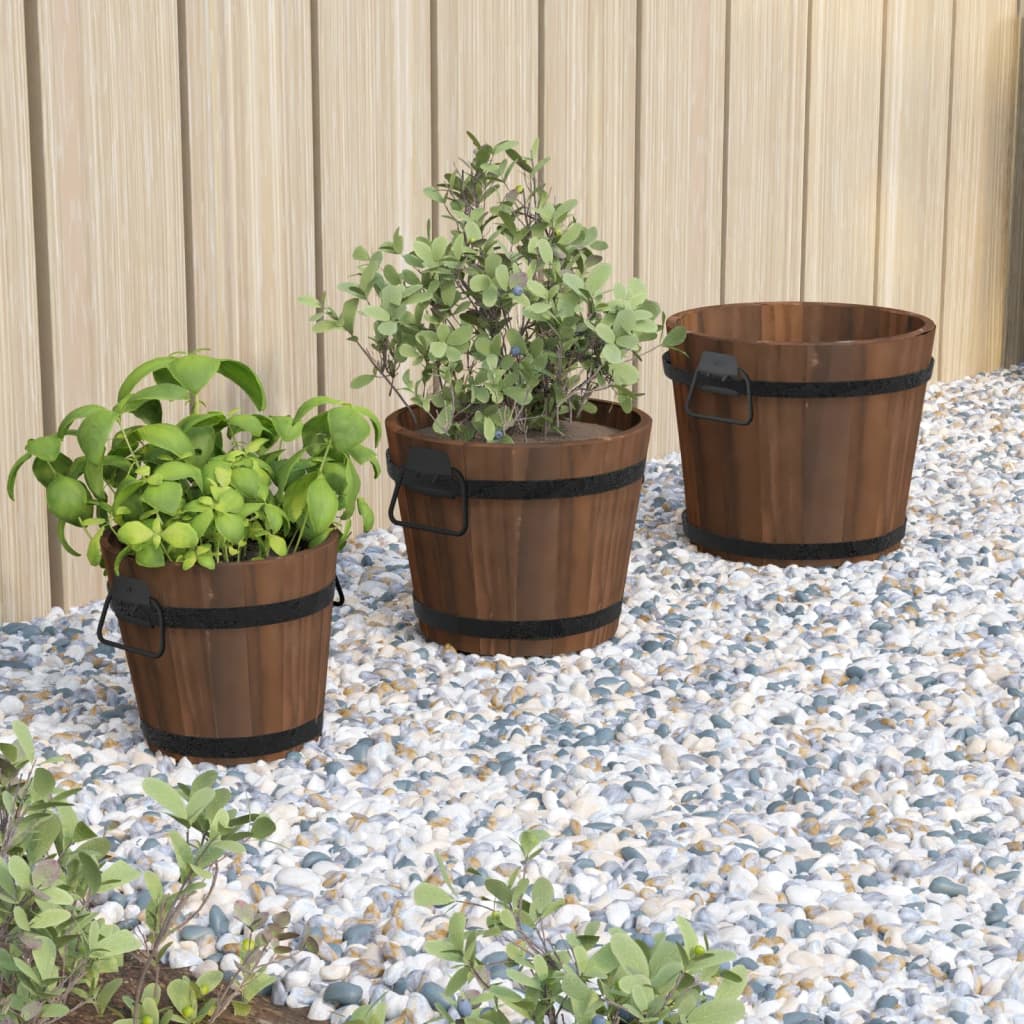 3 Piece Wooden Bucket Planter Set Solid Wood Fir - Decor Base