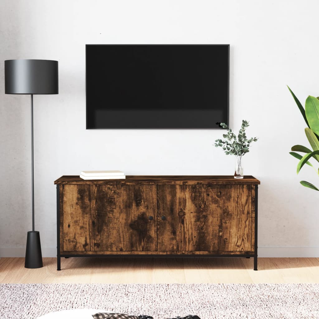 TV Cabinet with Doors Smoked Oak 102x35x45 cm Engineered Wood - Merkel Designers