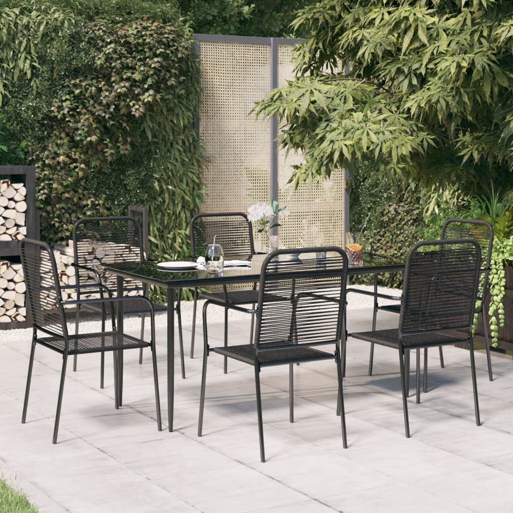 7 Piece Garden Dining Set Black Cotton Rope and Steel - The Home Maker
