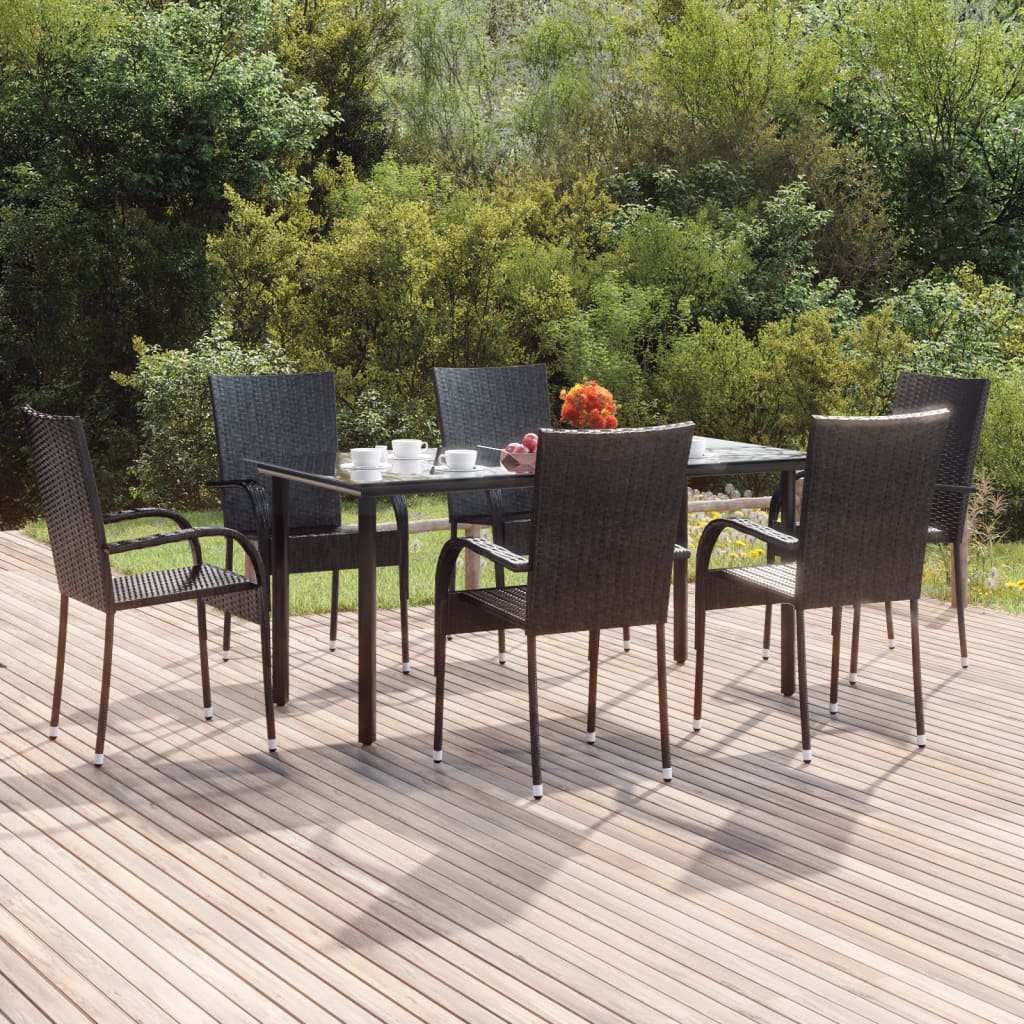 7 Piece Garden Dining Set Black Poly Rattan - Unbeatable Bargains