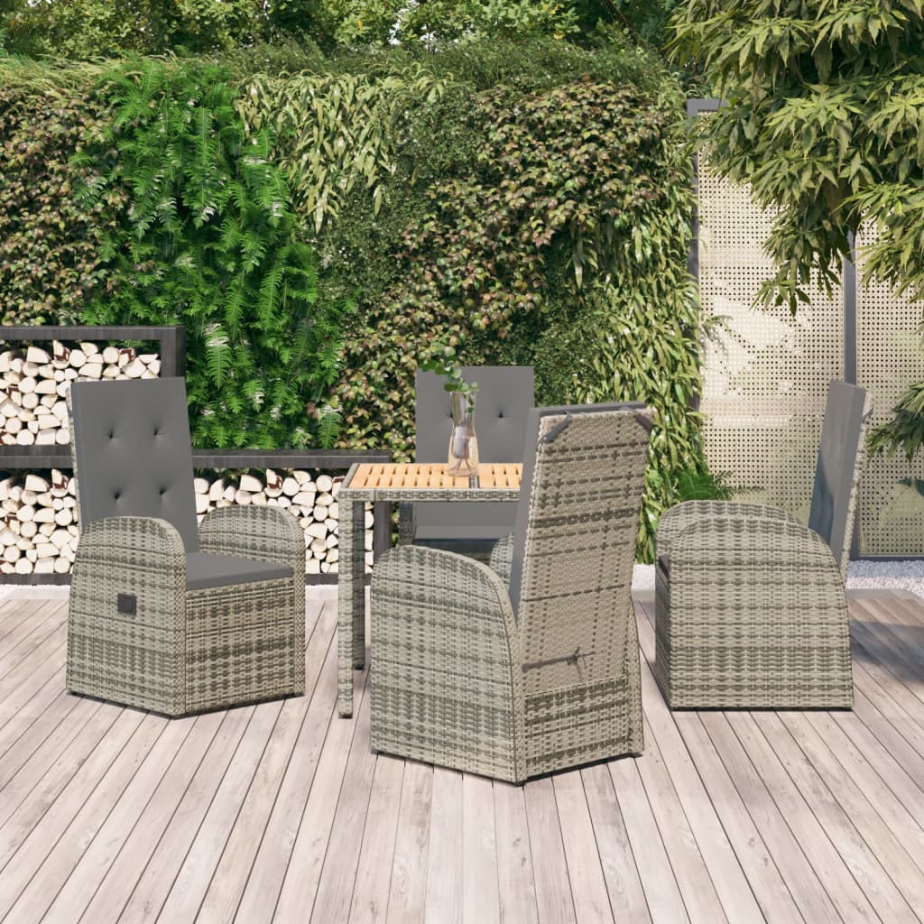 5 Pcs Garden Dining Set Grey Poly Rattan and Solid Wood Acacia - Style and Chic
