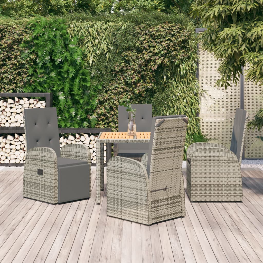 5 Pcs Garden Dining Set Grey Poly Rattan and Solid Wood Acacia - The Home Maker