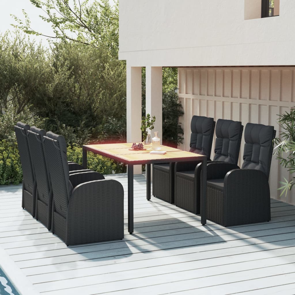 7 Piece Garden Dining Set Black Poly Rattan&Solid Wood Acacia - Sid & Sam