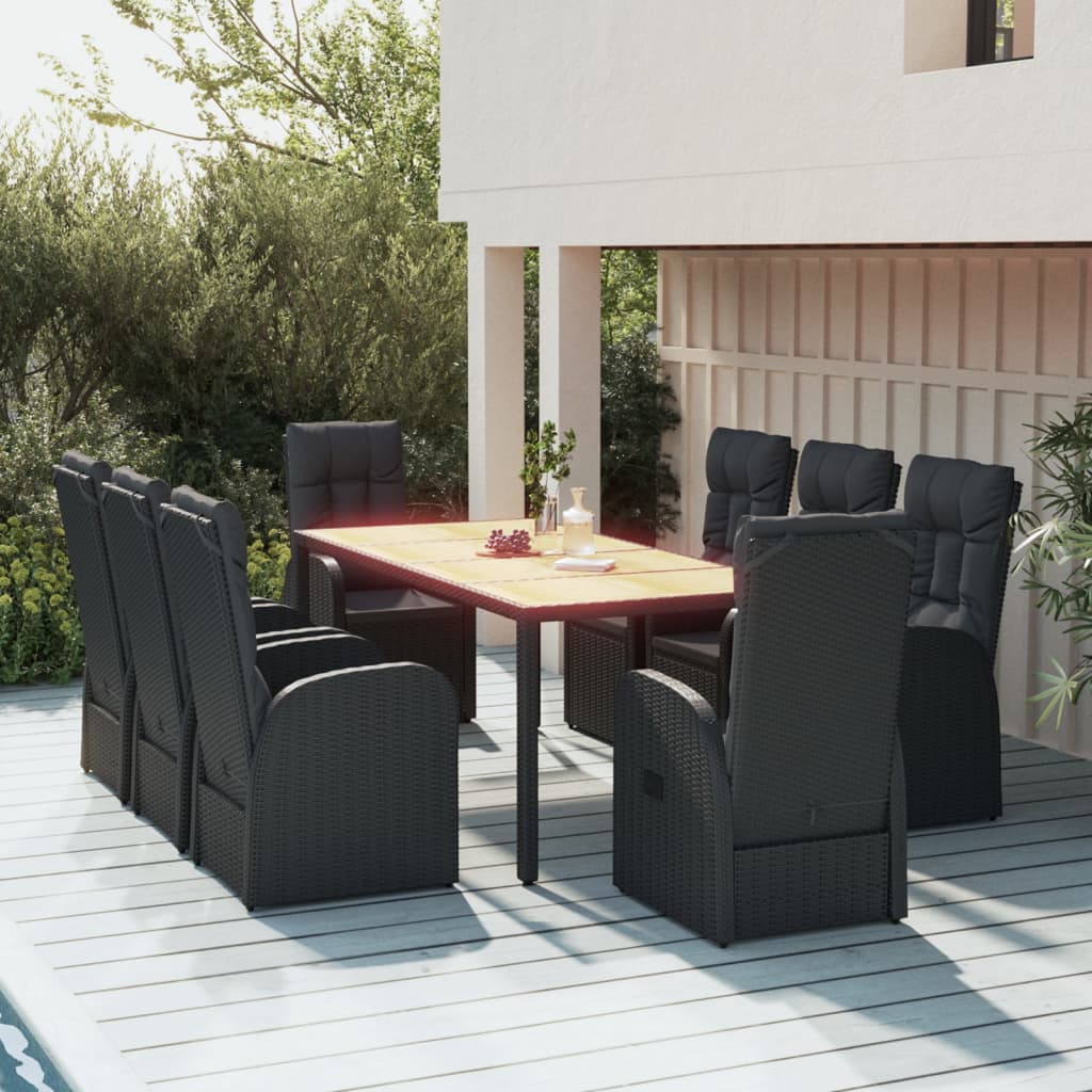 9 Pcs Garden Dining Set Black Poly Rattan and Solid Wood Acacia - Merkel Designers