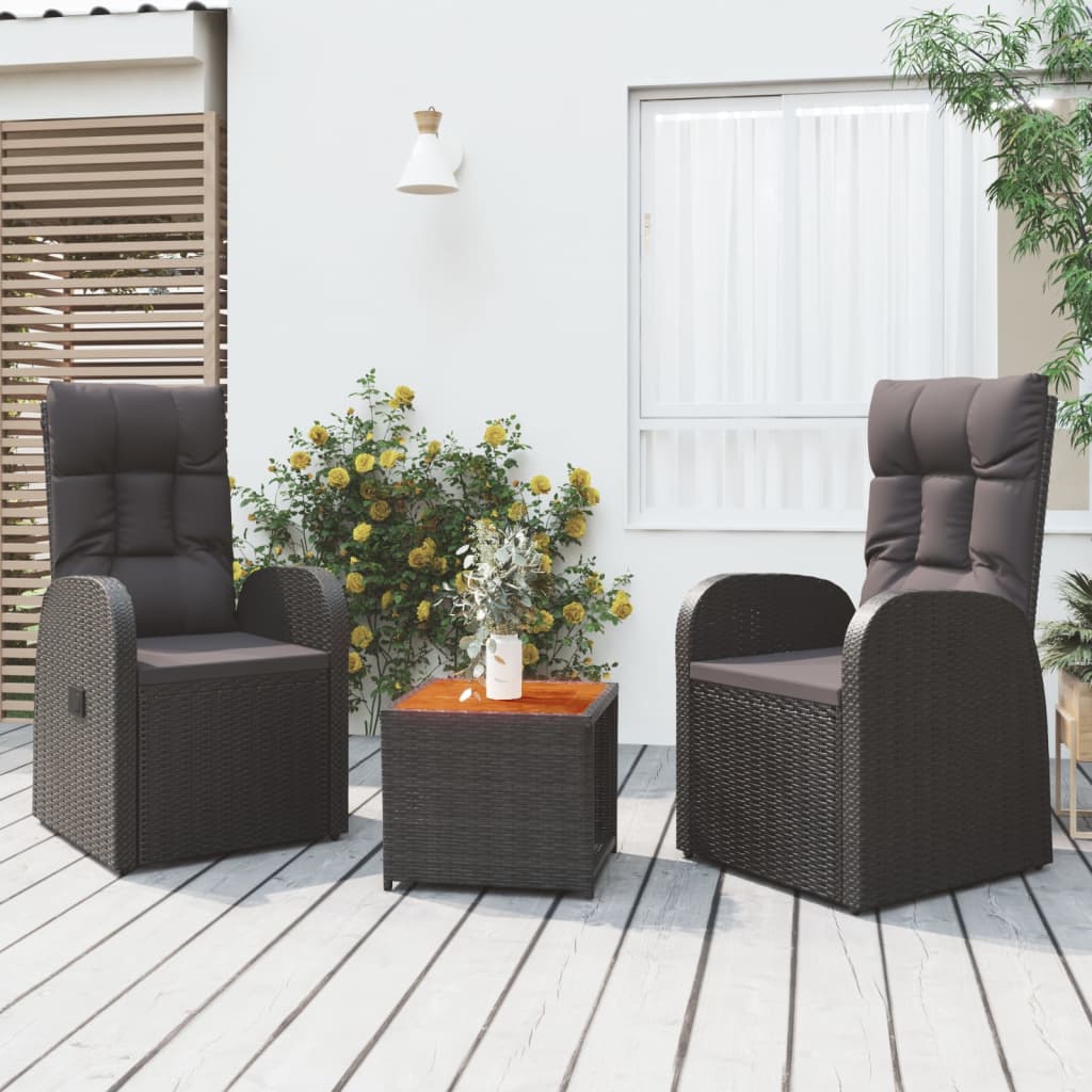 3 Pcs Garden Lounge Set Black Poly Rattan and Solid Wood Acacia - All Things Good