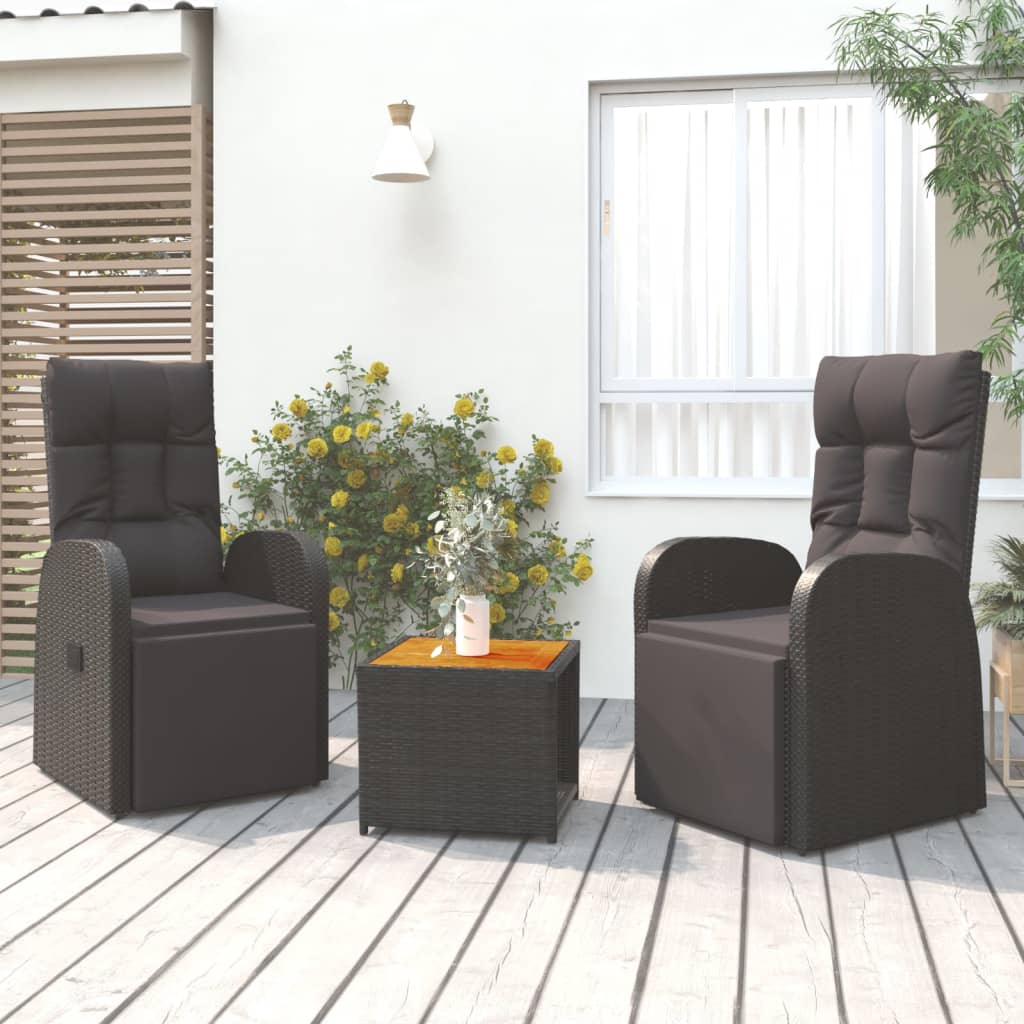 3 Piece Garden Lounge Set Black Poly Rattan&Solid Wood Acacia - Sid & Sam