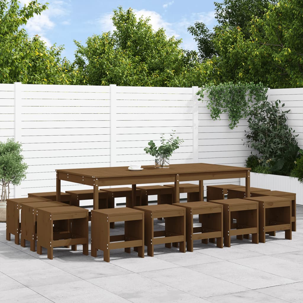 17 Piece Garden Dining Set Honey Brown Solid Wood Pine - Decor Base