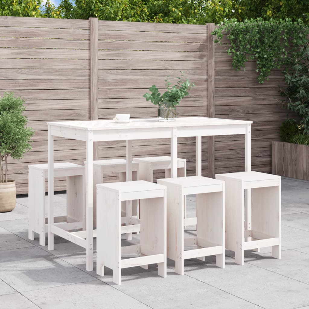 7 Piece Garden Bar Set White Solid Wood Pine - The Home Maker