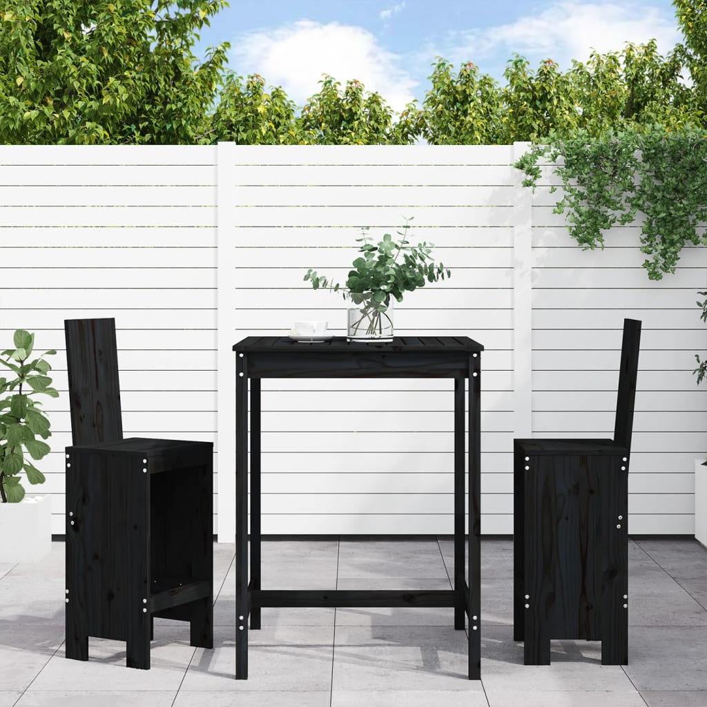 3 Piece Garden Bar Set Black Solid Wood Pine - Brittle & Co