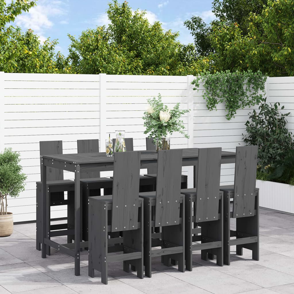 9 Piece Garden Bar Set Grey Solid Wood Pine - Direct Imports