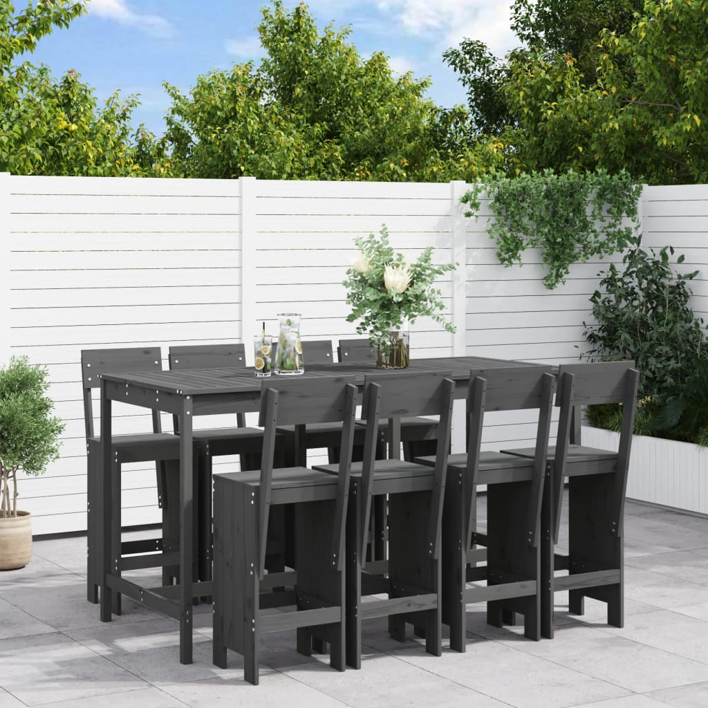 9 Piece Garden Bar Set Grey Solid Wood Pine - All Things Good