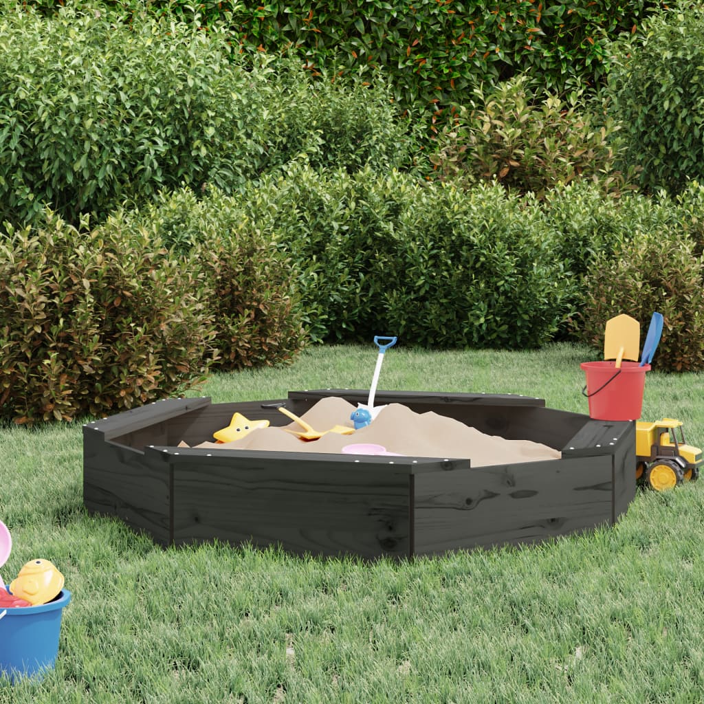 Sandbox with Seats Grey Octagon Solid Wood Pine - Merlin Deals