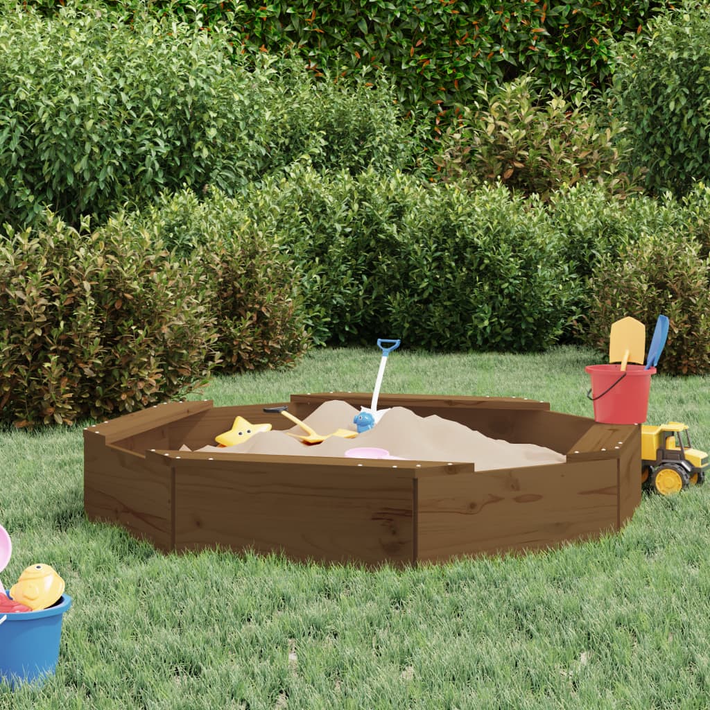 Sandbox with Seats Honey Brown Octagon Solid Wood Pine - Brittle & Co