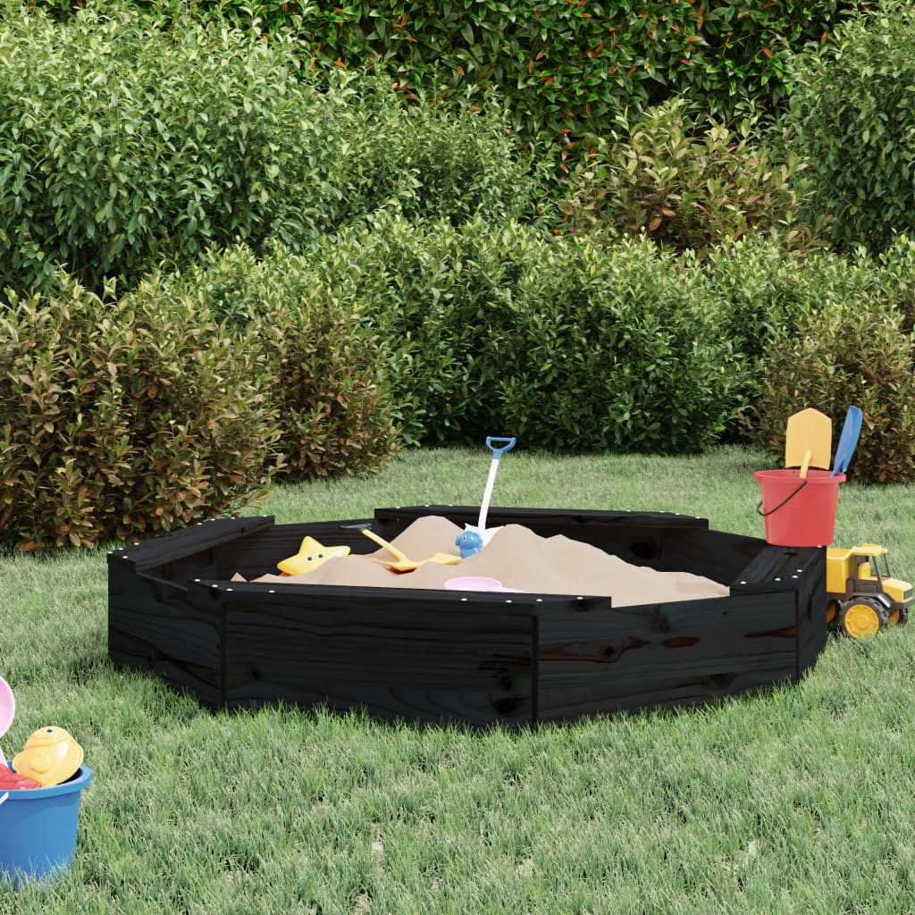 Sandbox with Seats Black Octagon Solid Wood Pine - Merlin Deals
