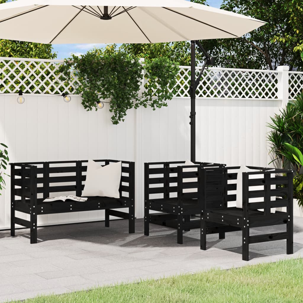 3 Piece Garden Lounge Set Black Solid Wood Pine - Casper Homes