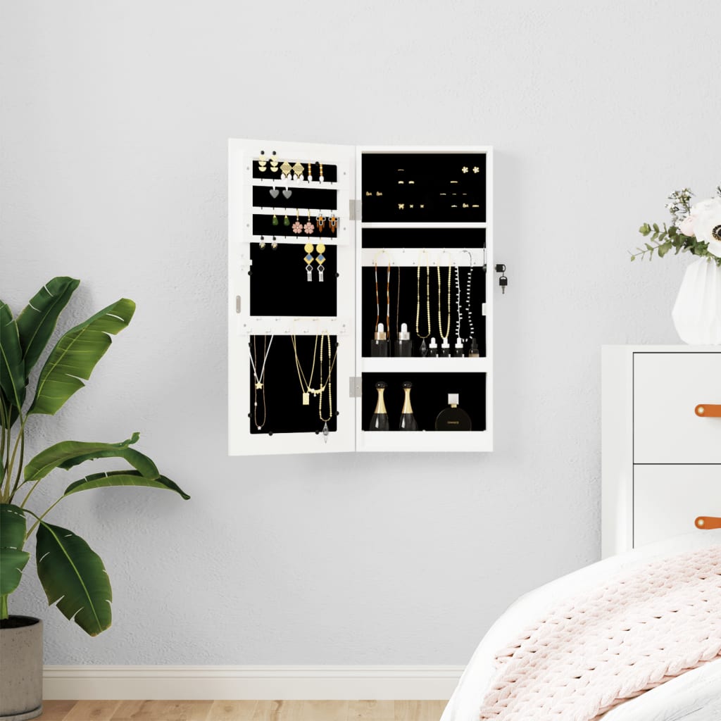 Mirror Jewellery Cabinet Wall Mounted White 30x8.5x67cm - Merlin Deals