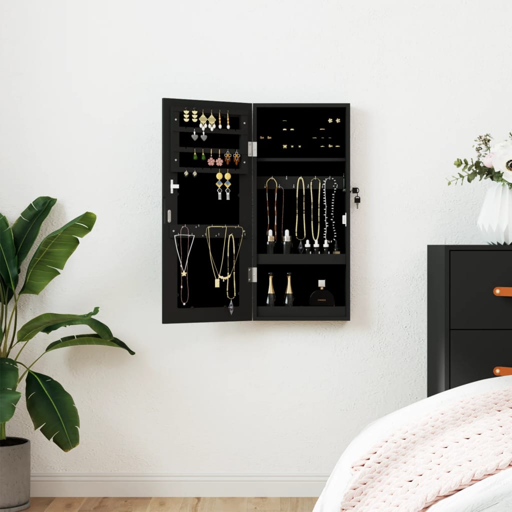 Mirror Jewellery Cabinet Wall Mounted Black 30x8.5x67cm - Decor Base