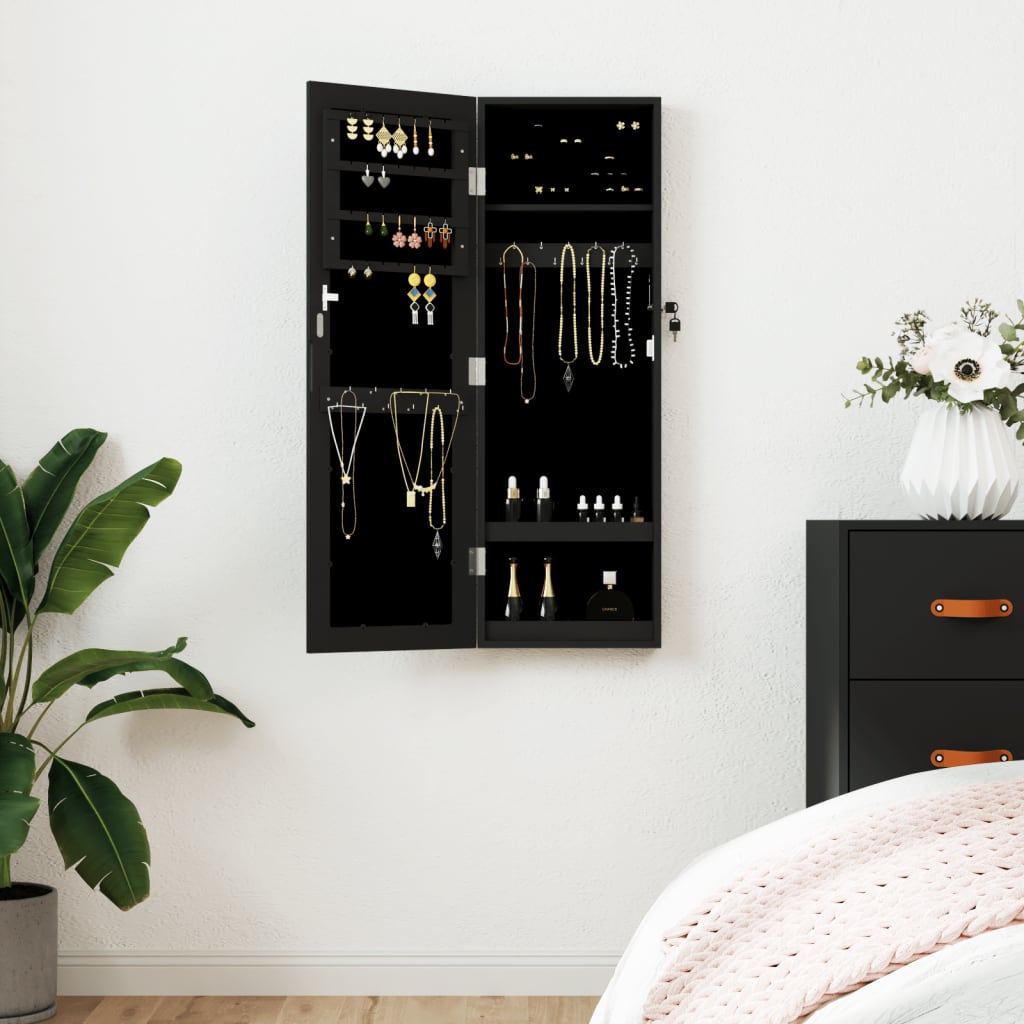 Mirror Jewellery Cabinet Wall Mounted Black 30x8.5x90cm - R and M Furniture