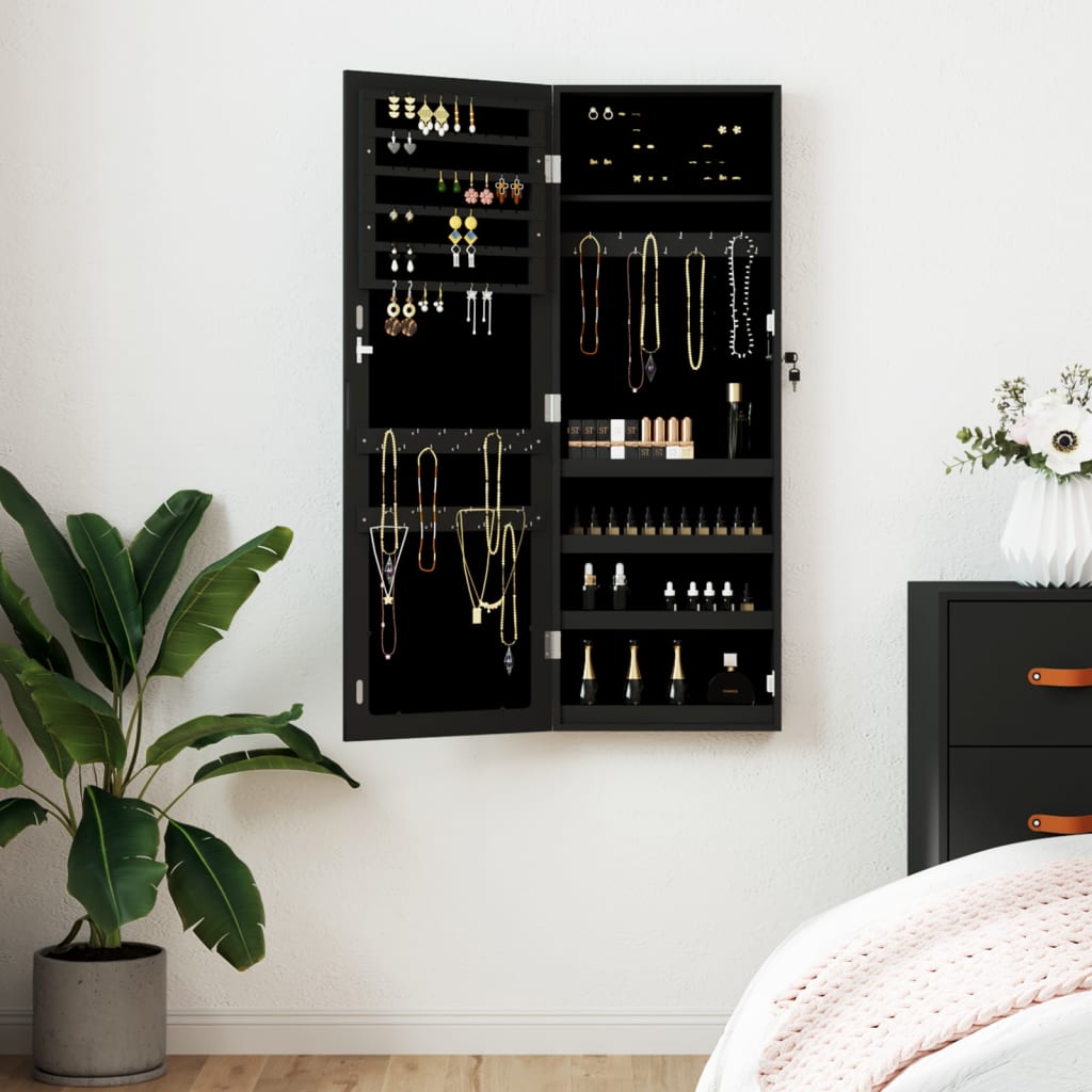 Mirror Jewellery Cabinet Wall Mounted Black 37.5x10x106cm - Unbeatable Bargains