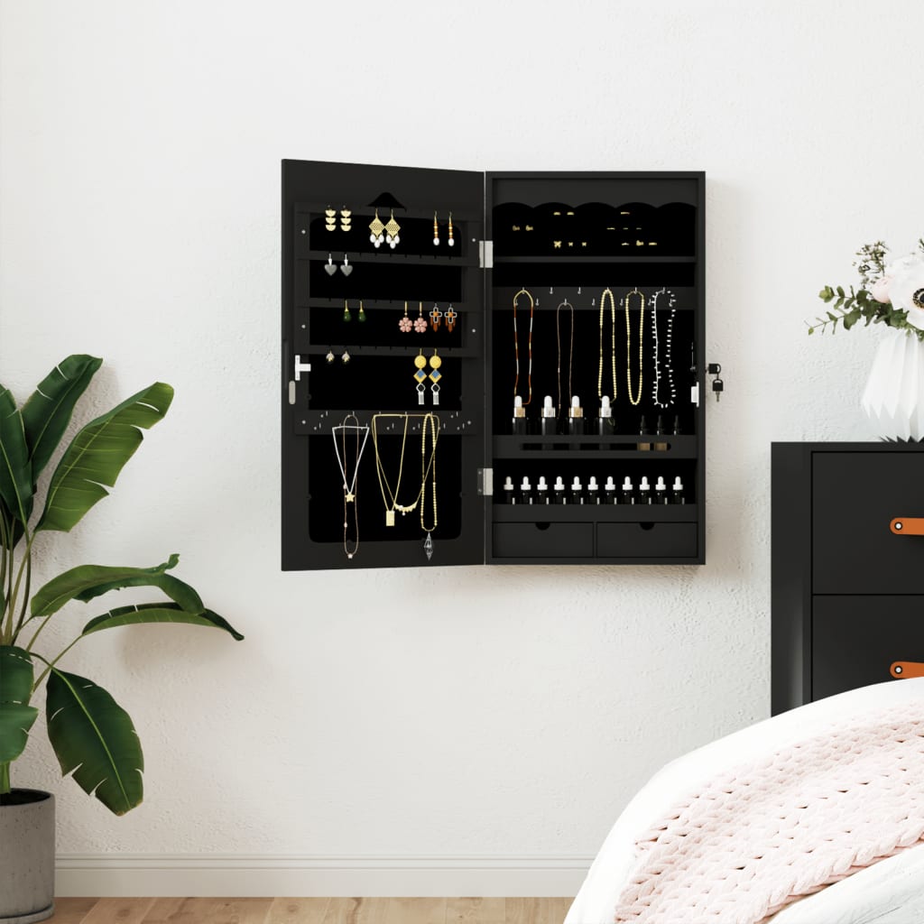 Mirror Jewellery Cabinet Wall Mounted Black 37.5x10x67cm - The Home Maker