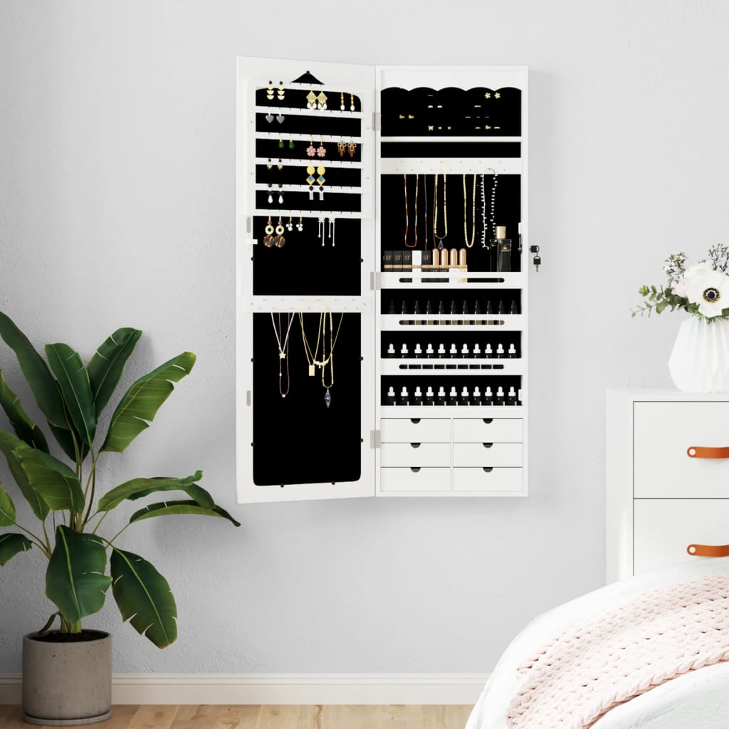 Mirror Jewellery Cabinet Wall Mounted White 37.5x10x106cm - Casper Homes