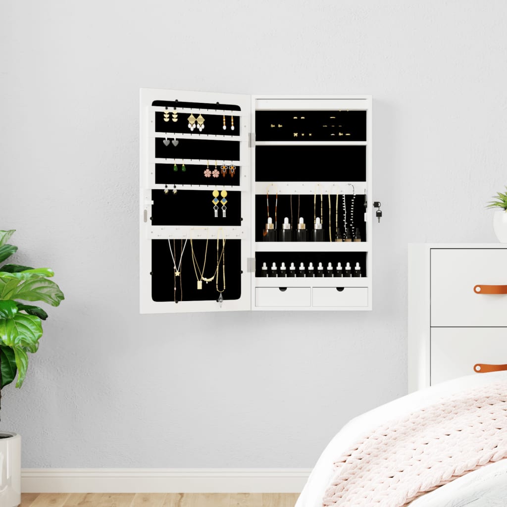 Wall Mounted Mirror Jewellery Cabinet with LED Lights - White - Merkel Designers