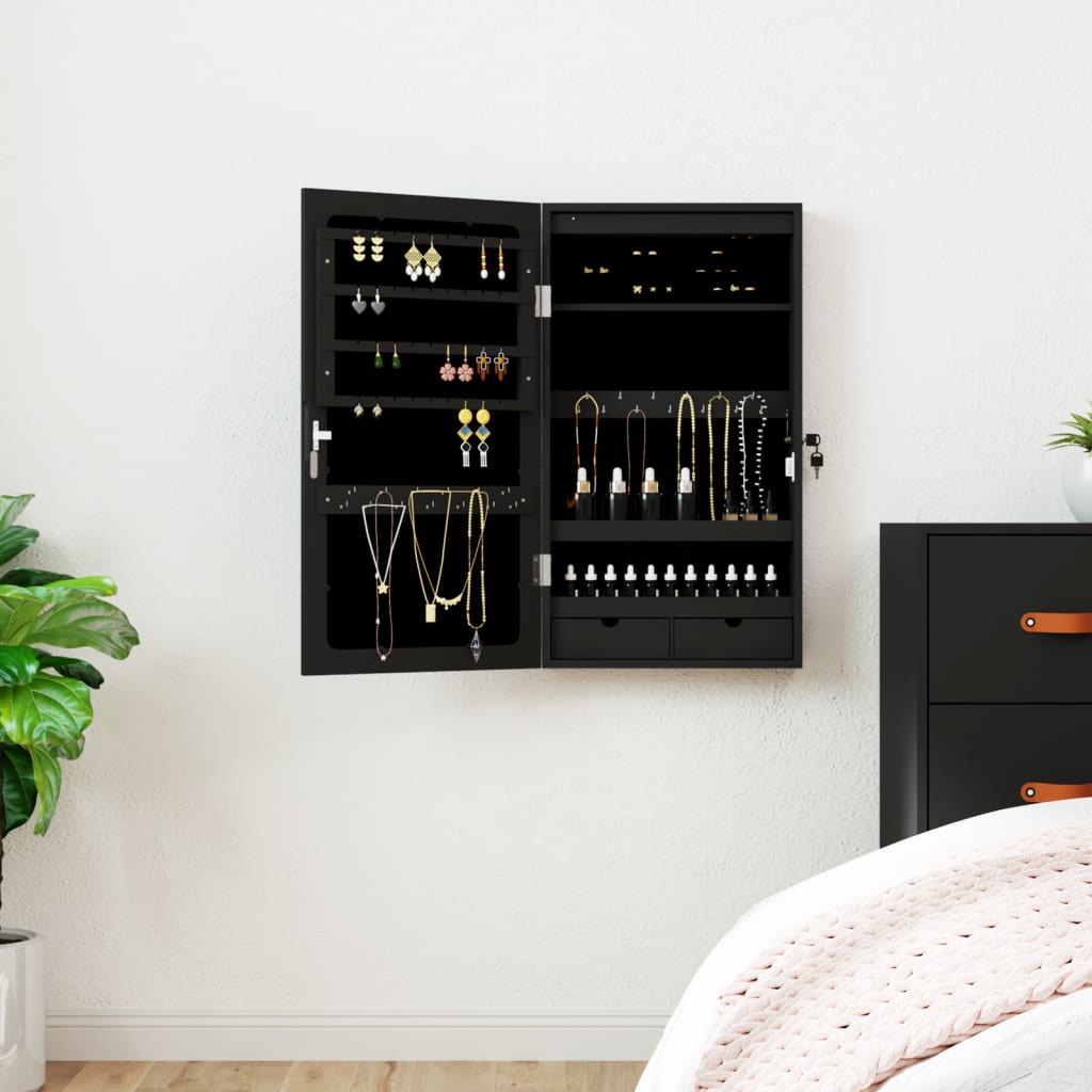 Wall Mounted Mirror Jewellery Cabinet with LED Lights - Black - Style and Chic