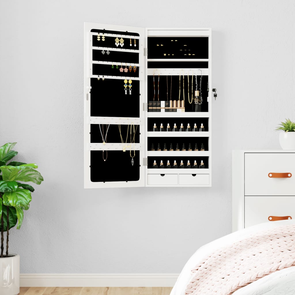 Wall Mounted Mirror Jewellery Cabinet with LED Lights - White - Style and Chic