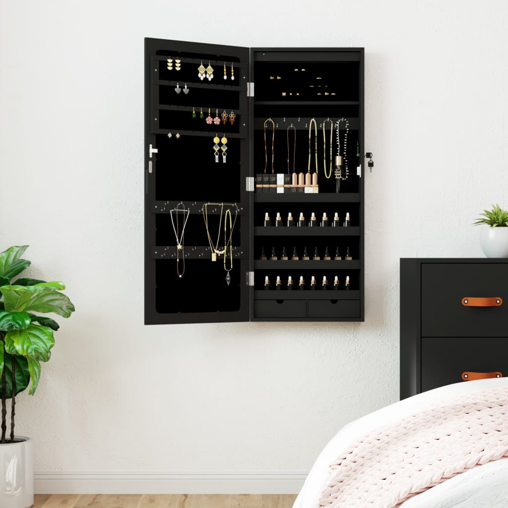 Wall Mounted Mirror Jewellery Cabinet with LED Lights - Black - Millennium Furniture
