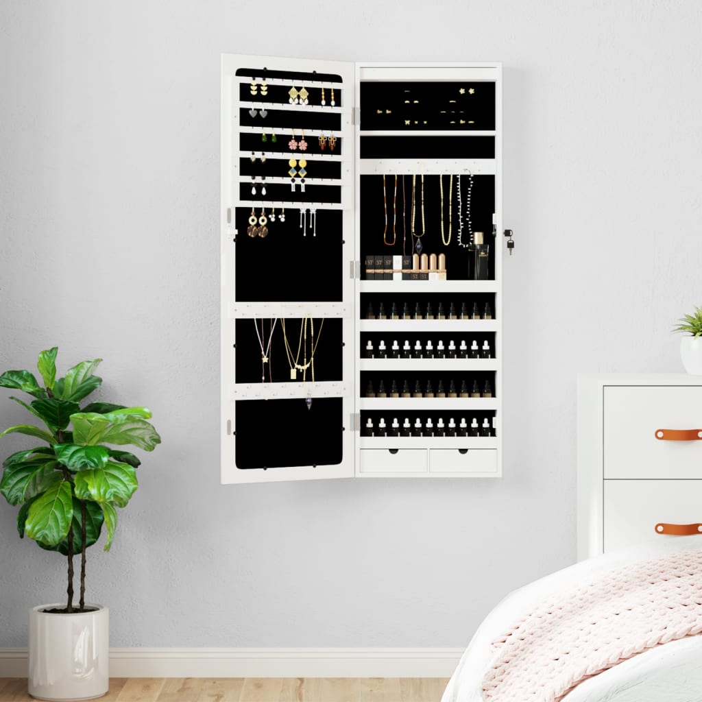 Wall Mounted Mirror Jewellery Cabinet with LED Lights - White - Decor Base
