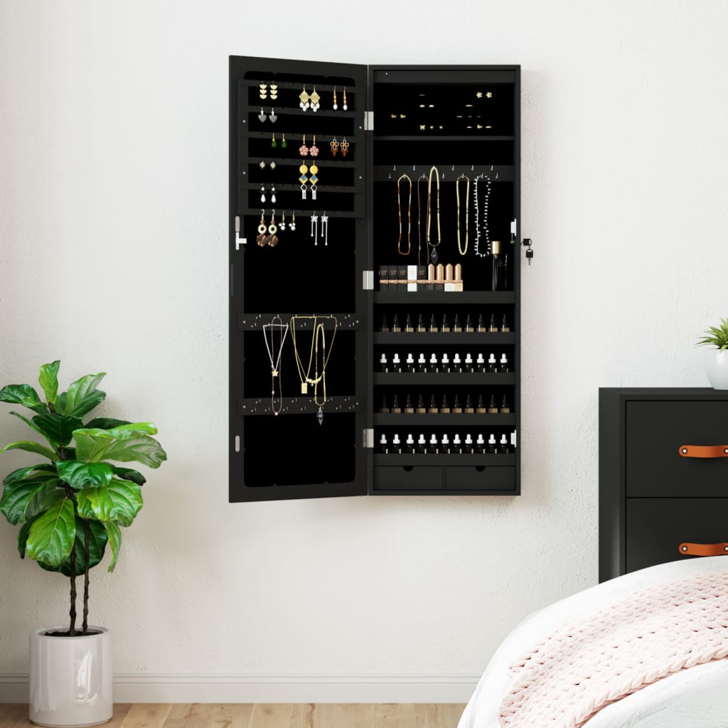 Wall Mounted Mirror Jewellery Cabinet with LED Lights - Black - Unbeatable Bargains