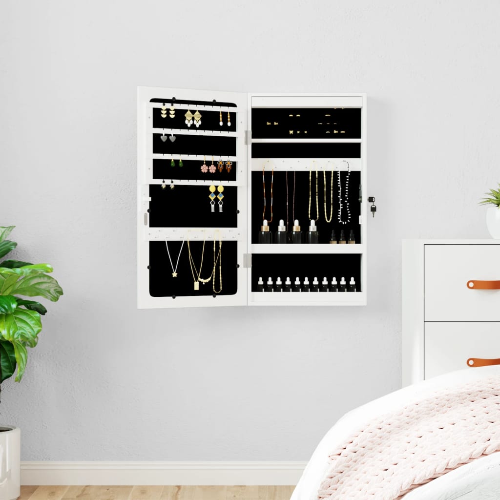 Wall Mounted Mirror Jewellery Cabinet with LED Lights - White - All Things Good