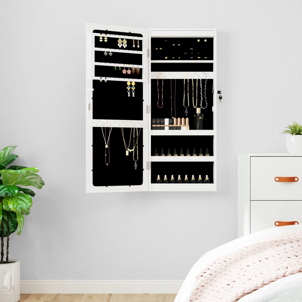 Wall Mounted Mirror Jewellery Cabinet with LED Lights - White - Merkel Designers
