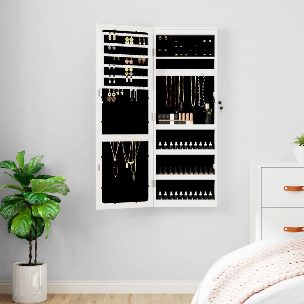 Wall Mounted Mirror Jewellery Cabinet with LED Lights - White - Millennium Furniture
